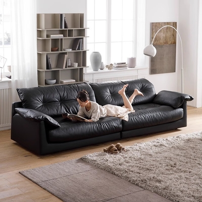 OEM ODM Black Modern Leather Couch Sofa For Living Room Large Apartment