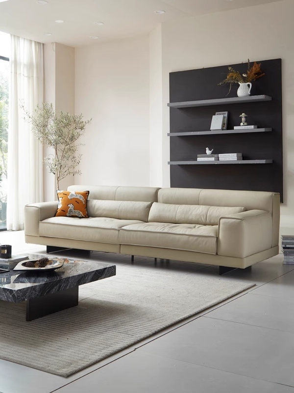 Modern Three Seat Art Deco Leather Sofa Straight Sectional Couch For Small Apartment
